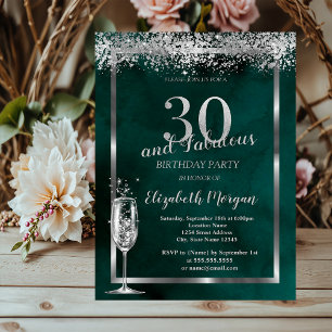Champagne Glass Silver Confetti Green 30th Invitation