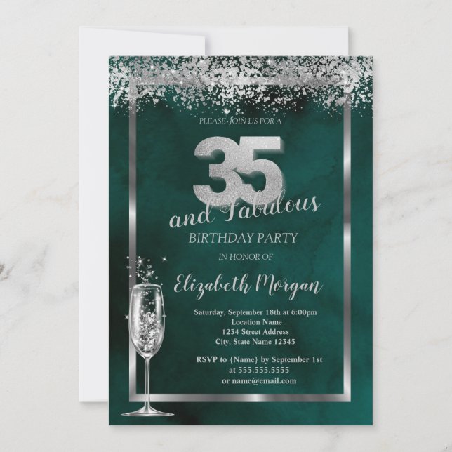 Champagne Glass Silver Confetti Green 35th  Invitation (Front)
