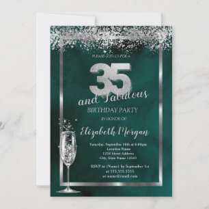 Champagne Glass Silver Confetti Green 35th  Invitation