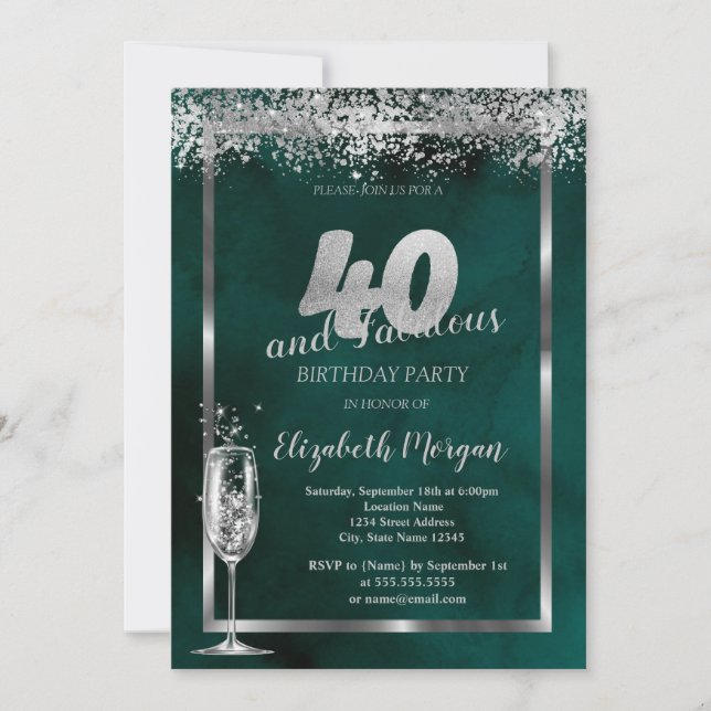 Champagne Glass Silver Confetti Green 40th  Invitation (Front)