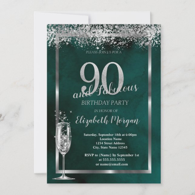 Champagne Glass Silver Confetti Green 90th  Invitation (Front)