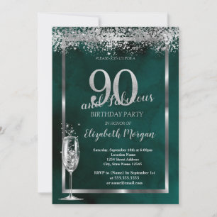 Champagne Glass Silver Confetti Green 90th Invitation