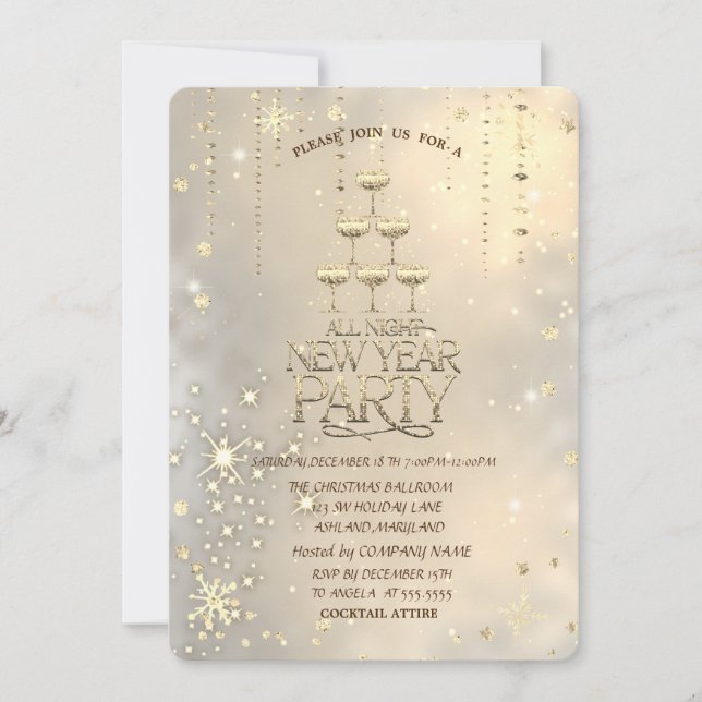 Champagne Glass,Star,Snowflakes Christmas  Invitation (Front)