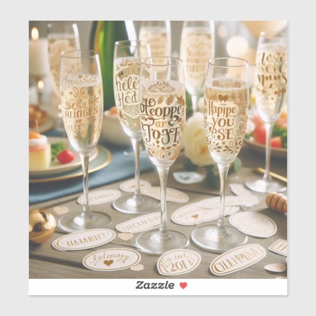 Champagne glass stickers with celebratory messages (Sheet)