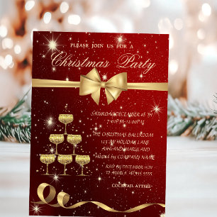 Champagne Glass Tree ,Bow,Red,Christmas Party Invitation