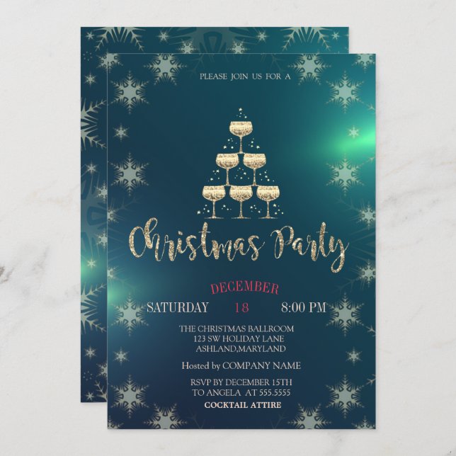 Champagne Glass Tree,Green Company Party  Invitation (Front/Back)