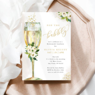 Champagne Glass White Floral Bridal Luncheon Invitation