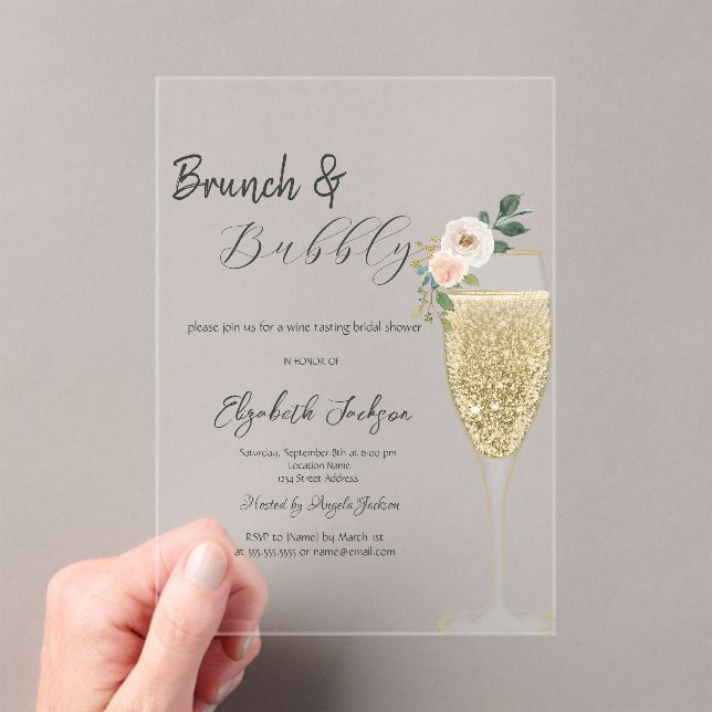 Champagne Glass White Flower Brunch & Bubbly  Acrylic Invitations (Insitu (Handheld))