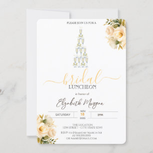 Champagne Glass White Roses Bridal Luncheon  Invitation