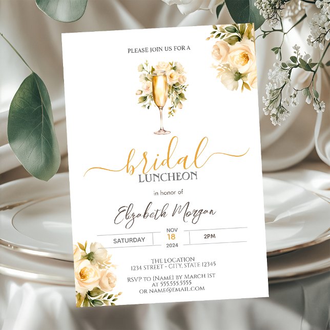 Champagne Glass White Roses Bridal Luncheon Invitation (Creator Uploaded)
