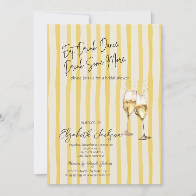 Champagne Glass Yellow Stripes Bridal Shower Invitation (Front)