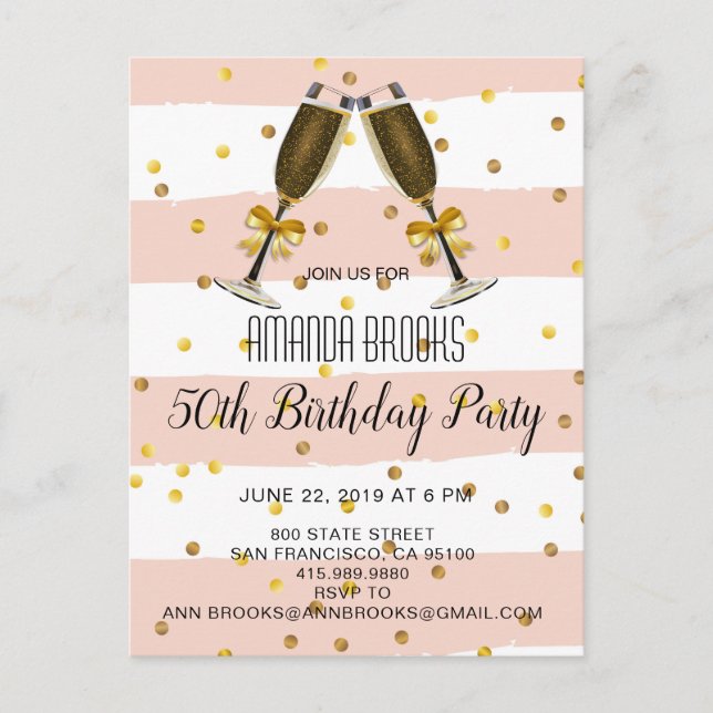 Champagne Glasse Gold Confetti 50th Birthday Party Announcement Postcard (Front)