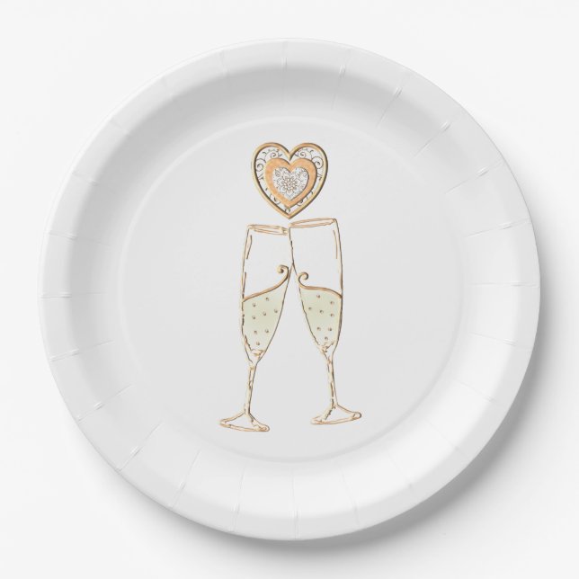 Champagne Glasses and Hearts  Paper Plate (Front)