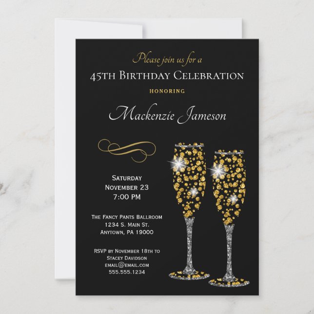Champagne Glasses Black Gold Birthday Invitation (Front)