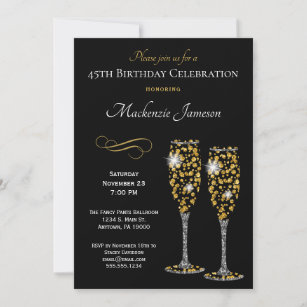 Champagne Glasses Black Gold Birthday Invitation