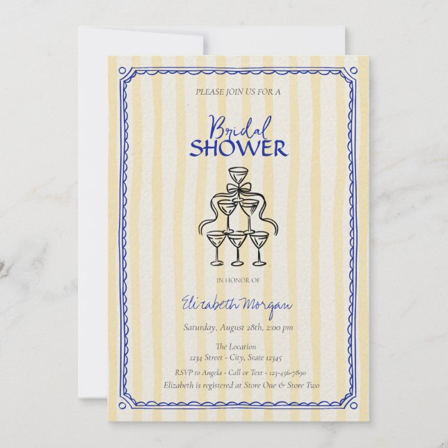 Champagne Glasses Bow Yellow Stripes Bridal Shower Invitation (Front)