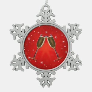 Champagne Glasses Celebration Gold on Red Snowflake Pewter Christmas Ornament