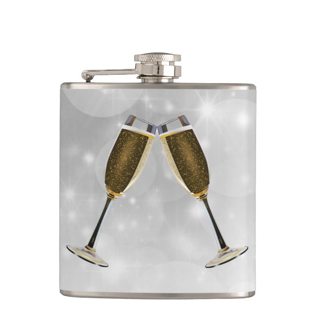 Champagne Glasses Celebration Gold on Silver Hip Flask (Front)