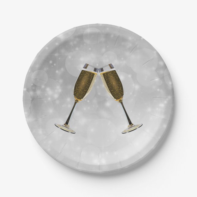 Champagne Glasses Celebration Gold on Silver Paper Plate (Front)