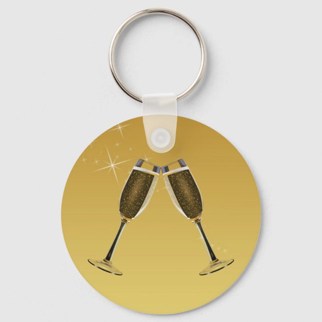 Champagne Glasses Celebration on Gold Key Ring (Front)