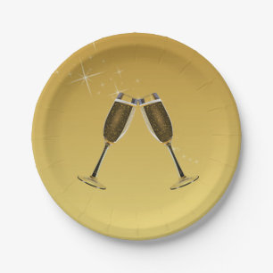 Champagne Glasses Celebration on Gold Paper Plate