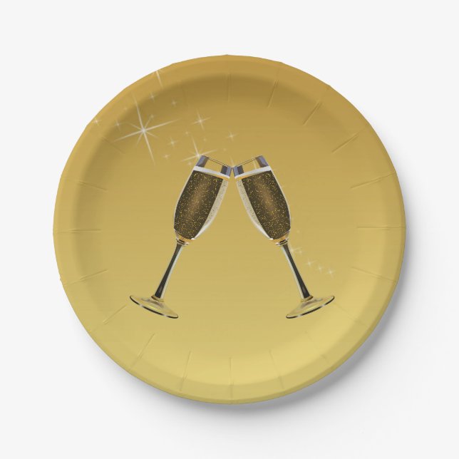 Champagne Glasses Celebration on Gold Paper Plate (Front)