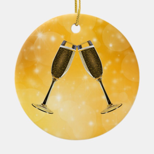 Champagne Glasses Celebration on Sparkling Gold Ceramic Tree Decoration (Front)