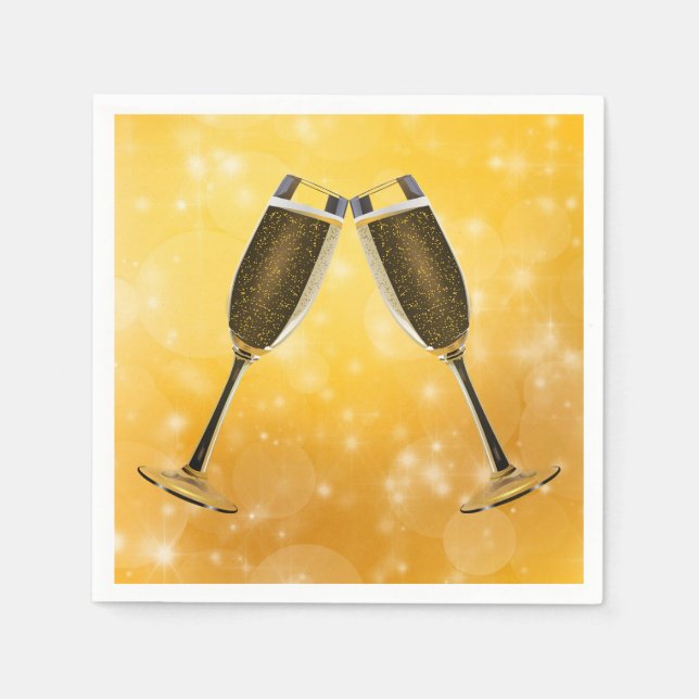 Champagne Glasses Celebration on Sparkling Gold Napkin (Front)