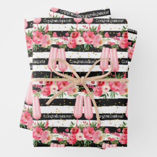 Champagne Glasses Floral Black White Stripes Wrapping Paper Sheet