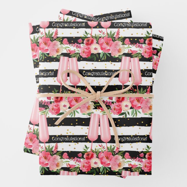 Champagne Glasses Floral Black White Stripes Wrapping Paper Sheet (In situ)