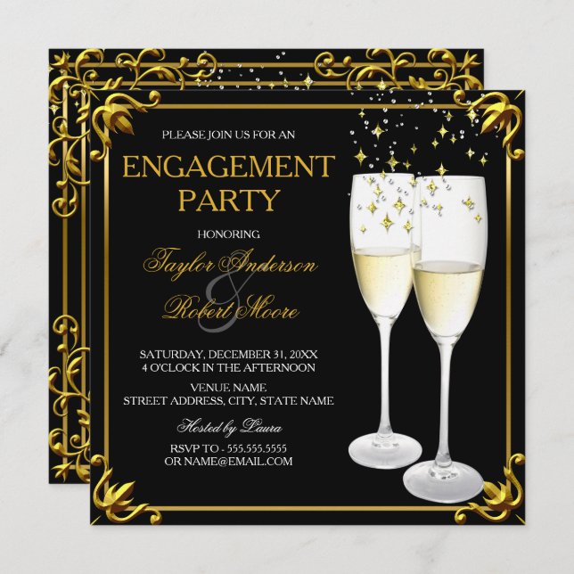 Champagne Glasses Gold Engagement Party  Invitation (Front/Back)