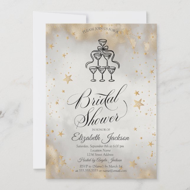 Champagne Glasses Gold Stars Bridal Shower  Invitation (Front)