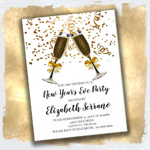 Champagne Glasses Gold White New Year's Eve Party Invitation Postcard