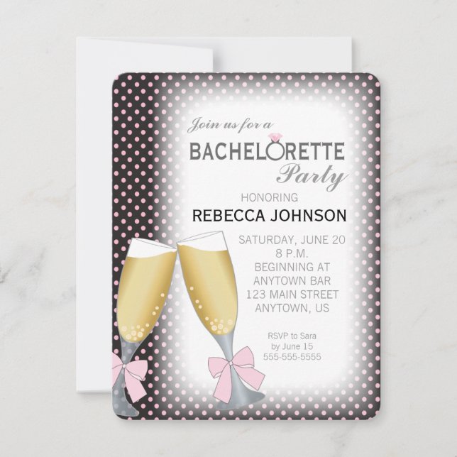 Champagne Glasses Pink Bows Bachelorette Party Invitation (Front)