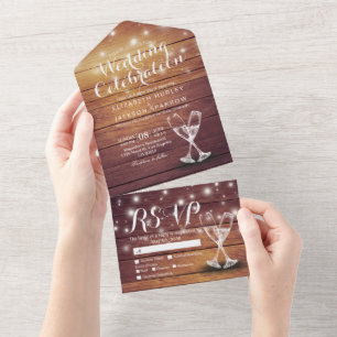 Champagne Glasses Rustic Wood String Light Wedding All In One Invitation