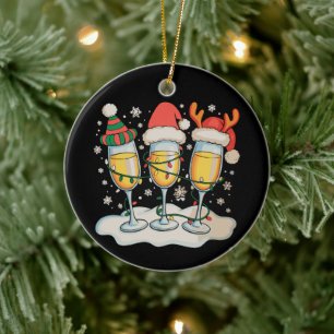 Champagne Glasses Santa Reindeer Christmas Xmas Ceramic Tree Decoration
