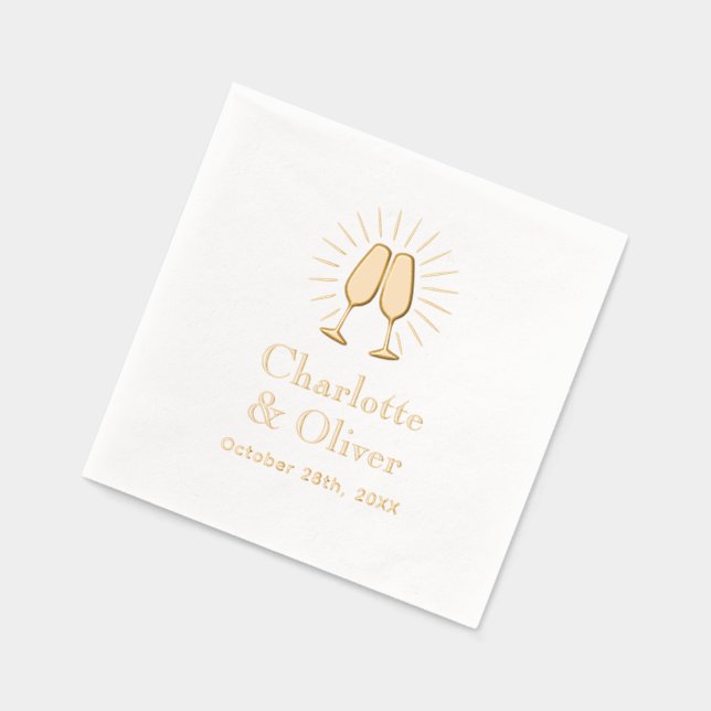 Champagne Glasses Wedding Couple Names Date Foil Napkins (Left)