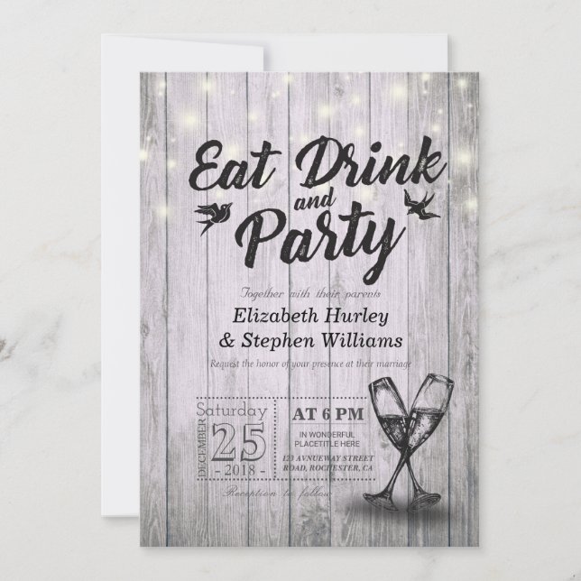 Champagne Glasses Wood EAT Drink and Party Wedding Invitation (Front)