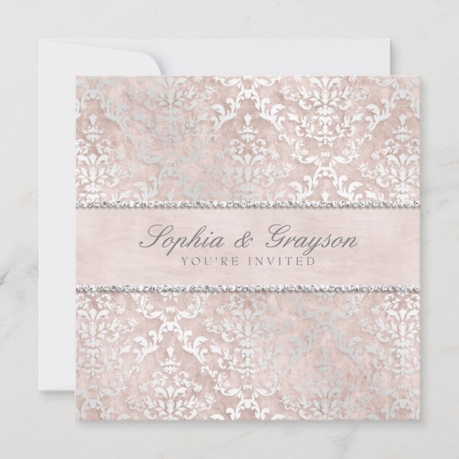 Champagne Glimmer Damask Wedding Invite (Front)