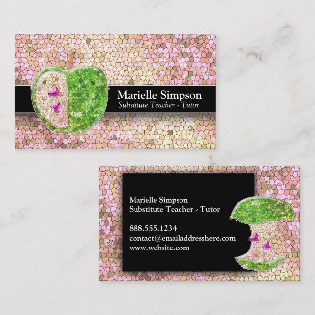Champagne Glitter Apple Substitute Teacher Tutor Business Card (Front/Back)