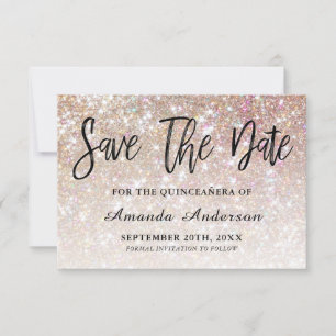 Champagne Glitter Brush Script Quinceanera Save The Date