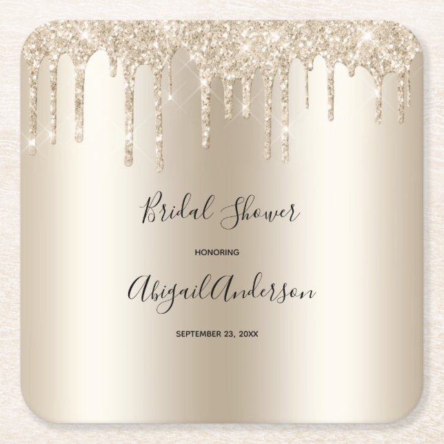 Champagne Glitter Drip Bridal Shower Glam Trendy Square Paper Coaster (Front)