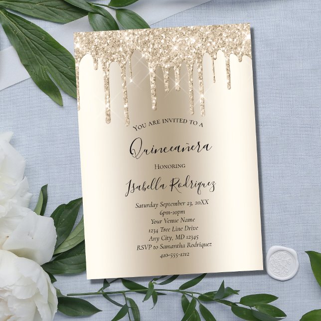 Champagne Glitter Drip Glam Trendy Birthday Invita Invitation (Creator Uploaded)