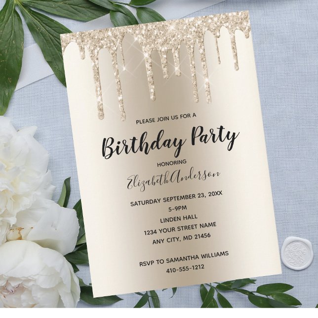 Champagne Glitter Drip Glam Trendy Birthday Invitation (Creator Uploaded)
