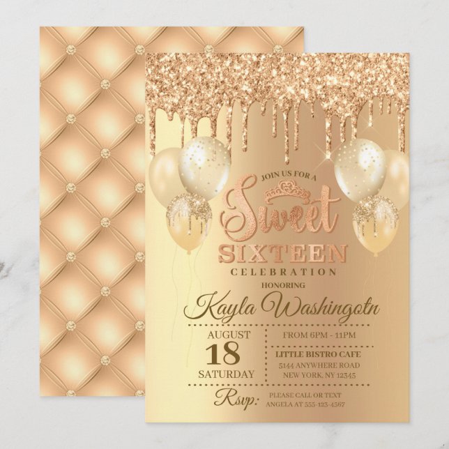 Champagne Glitter Drip Sweet Sixteen Birthday  Invitation (Front/Back)