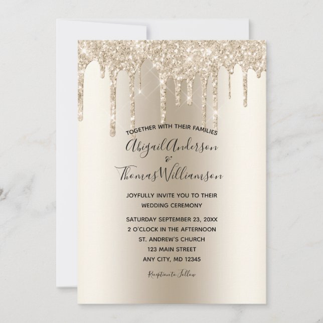 Champagne Glitter Drip Trendy Elegant Wedding Invi Invitation (Front)