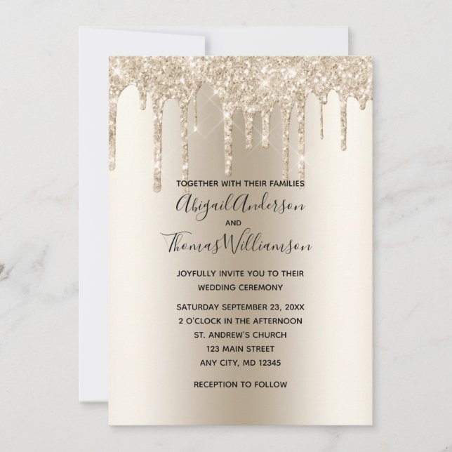 Champagne Glitter Drip Trendy Elegant Wedding Invi Invitation (Front)