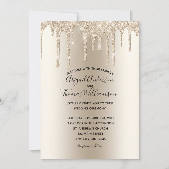 Champagne Glitter Drip Trendy Elegant Wedding  Invitation (Front)