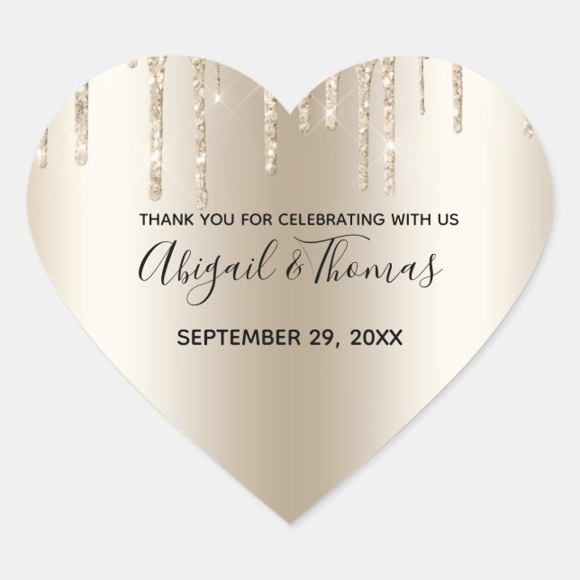 Champagne Glitter Drip Trendy Glam Wedding Heart Sticker (Front)