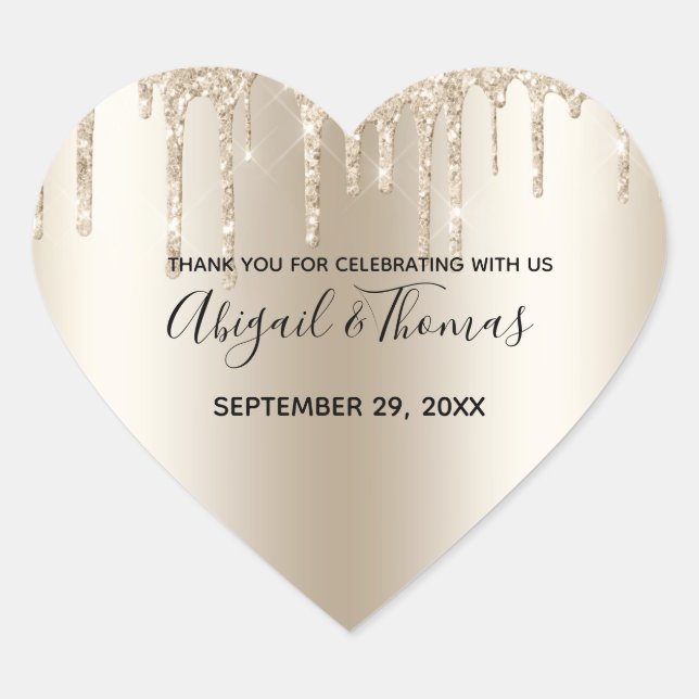 Champagne Glitter Drip Trendy Thank you Wedding  Heart Sticker (Front)